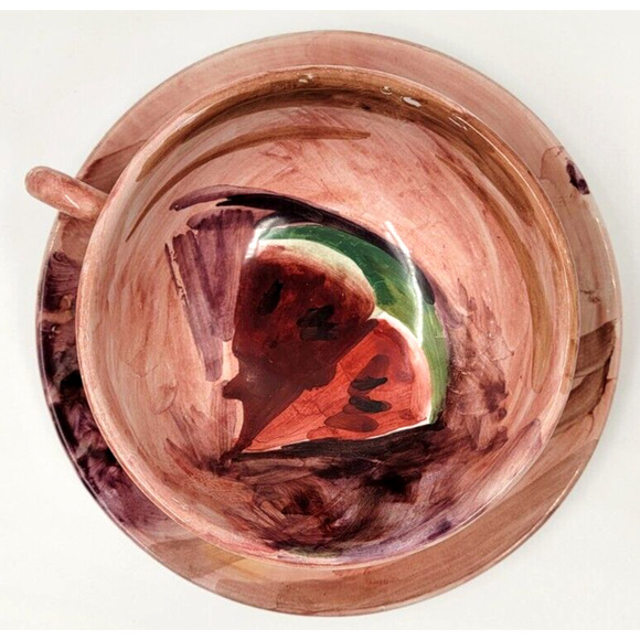 Peasant Village Pottery Hand Painted Cup & Saucer Watermelon Italy 09505 PV - Picture 4 of 9